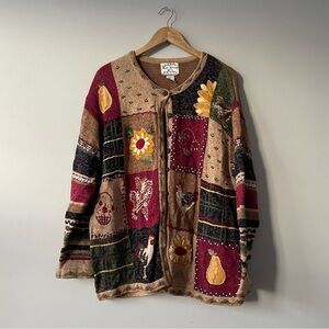 Vintage cottagecore granny autumn farm motif knit cardigan sunflowers, chickens